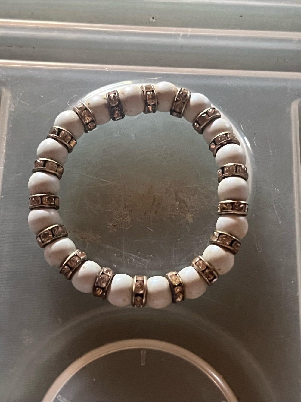 White Beaded Stretch Bracelet with Gold-Tone Rhinestone Spacers